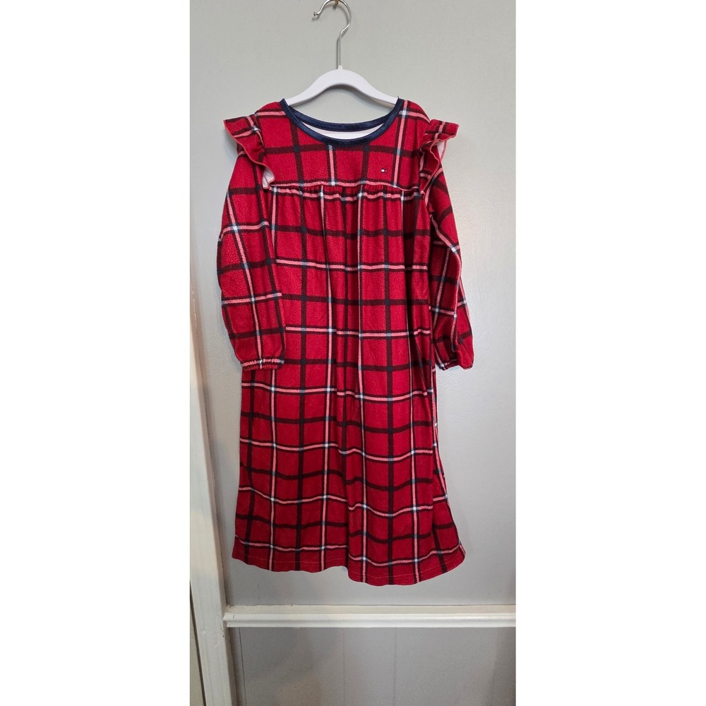 Tommy Hilfiger Girls Red Plaid Fleece Ruffle Nightgown Pajamas Size 4T